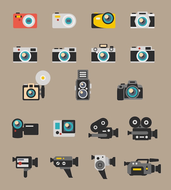 Icone piane di foto e videocamera. tecnologia di fotografia digitale, attrezzatura per lenti, illustrazione vettoriale polaroid