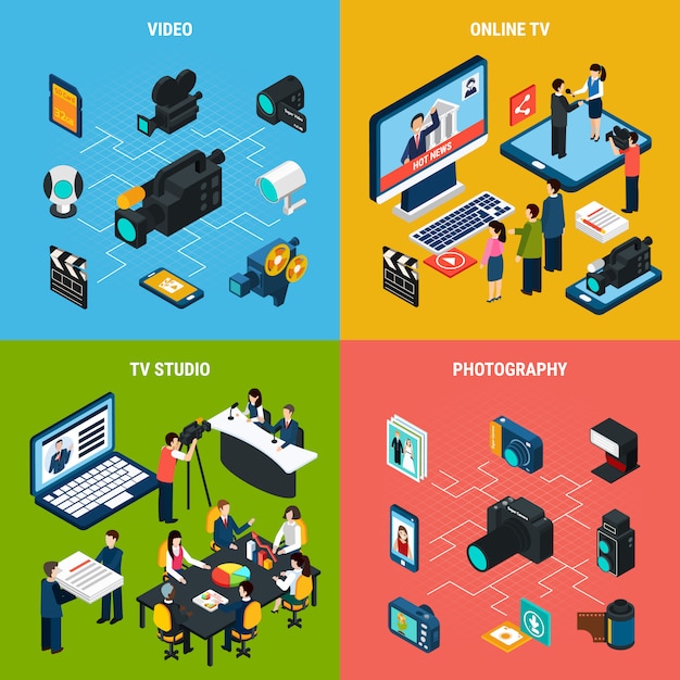 Photo video isometric composition of professional tv and photographic equipment with human characters