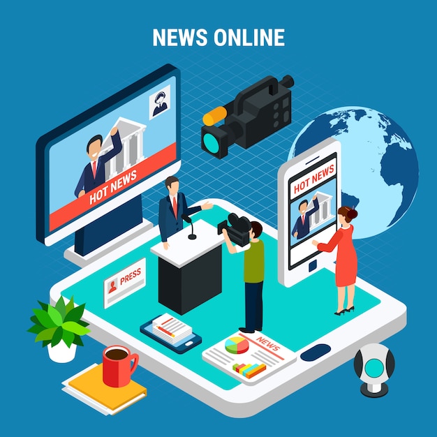 Free vector photo video isometric composition with elements of gadgets and news reporter in studio with text