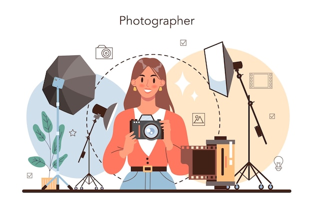 Photographer concept Professional photographer with camera taking pictures in a studio Artistic occupation and photography journalism Isolated flat vector illustration