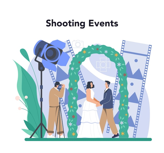 写真家のコンセプトスタジオで写真を撮るカメラを持つプロの写真家イベント写真結婚式のフォトセッション孤立したフラットベクトルイラスト