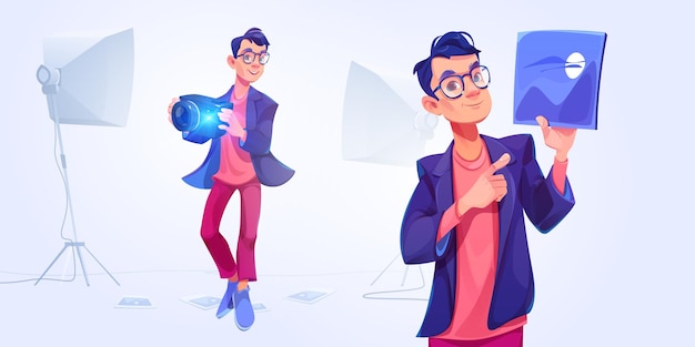 Free vector photographer man with camera and light equipment