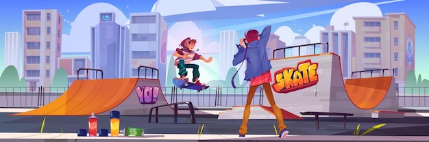 Бесплатное векторное изображение Фотограф снимает подростка в скейт-парке или роллердроме