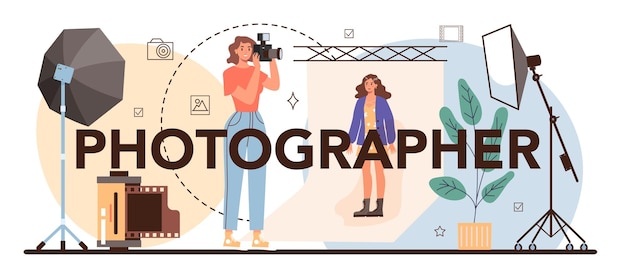 Intestazione tipografica del fotografo fotografo professionista con fotocamera che scatta foto in uno studio occupazione artistica e giornalismo fotografico illustrazione vettoriale piatta isolata