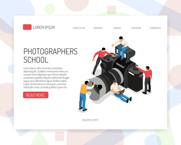 Free Vector photography education online school  isometric website page design with classes offer students and camera vector illustration