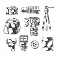 Free vector photography set with isolated monochrome images of dslr cameras with accessories and tripods