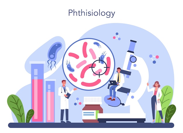 Phthisiatrician concept Doctor standing at big lungs and checking it with stethoscope Healthy pulmonary system Tuberculosis test and treatment Isolated flat vector illustration