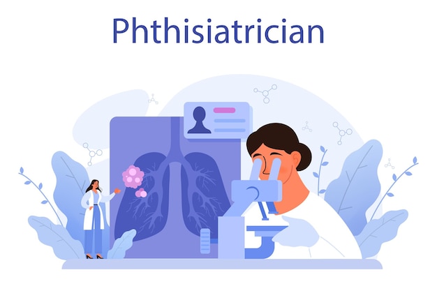 Phthisiatrician Human pulmonary system Idea of health and medical treatment Tuberculosis specialist checking human lungs Isolated vector illustration in cartoon style