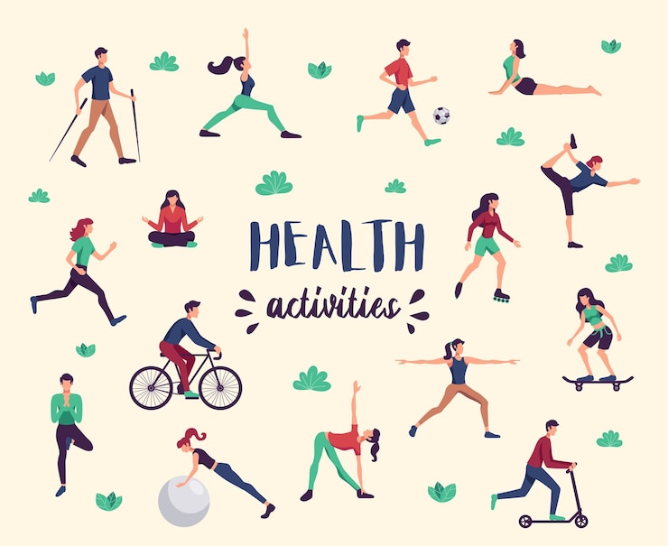 Free Vector physical activity health benefits flat characters set with yoga fitness cycling nordic walking background poster vector illustration