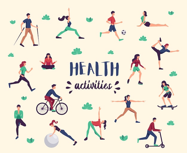 Physical activity health benefits flat characters set with yoga fitness cycling nordic walking background poster vector illustration