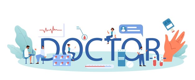 医師または一般的な医療医師の活字ヘッダー患者の健康を気にする医師のアイデアインフルエンザの治療と回復漫画風のベクトル図