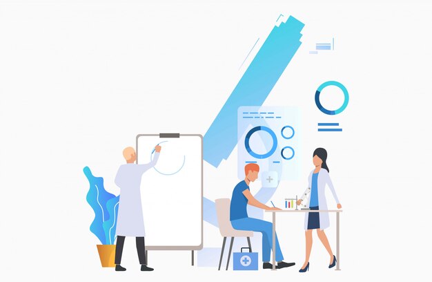 Physicians drawing graph and working with tubes 