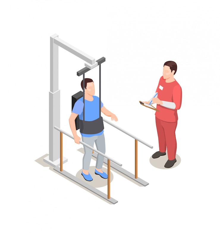 Free Vector physiotherapy rehabilitation, characters of doctor and patient with physiotherapeutical equipment, illustration