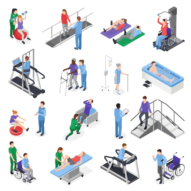 Free vector physiotherapy rehabilitation clinic isometric elements set with nursing staff treatment equipment simulators patient recovery