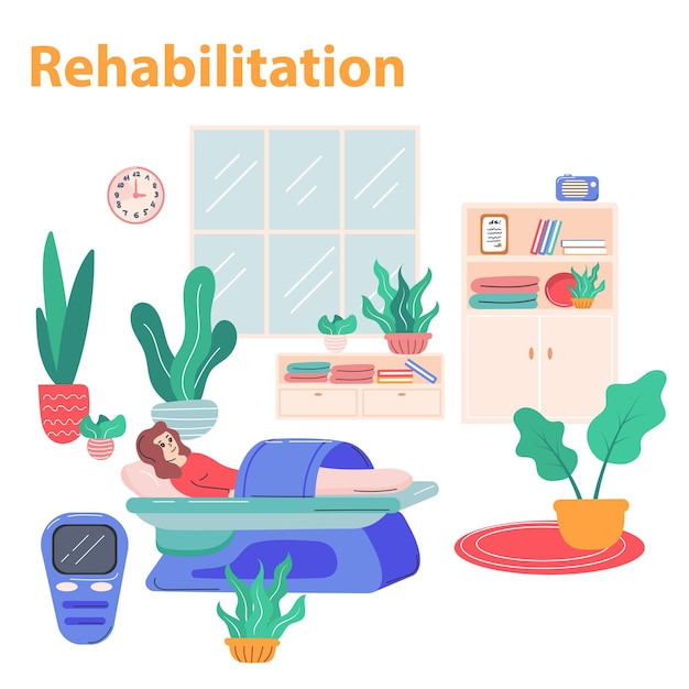 Physiotherapy and rehabilitation composition with care and exercising symbols flat vector illustration