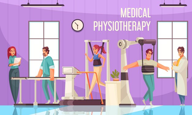 Physiotherapy rehabilitation composition with indoor view of clinic gymnasium with medical apparatus and characters of patients 