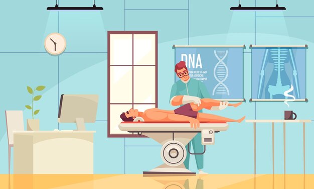 Physiotherapy rehabilitation composition with indoor view of hospital room with characters of patient and medical specialist 