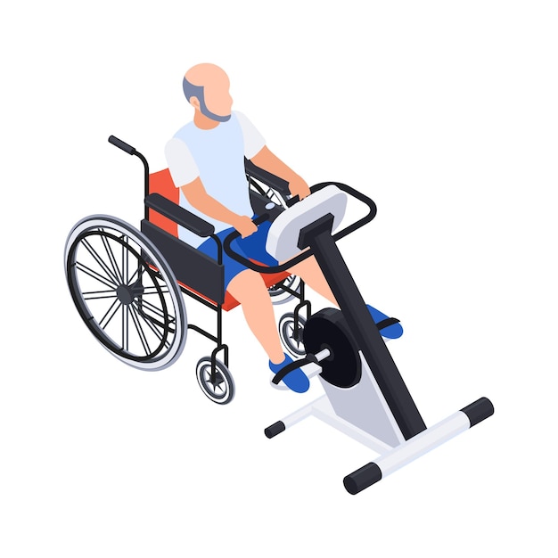 Vettore gratuito composizione isometrica in riabilitazione di fisioterapia con l'uomo sulla sedia a rotelle con l'illustrazione della macchina di addestramento