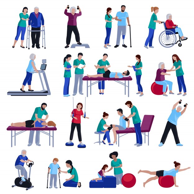 physiotherapy rehabilitation people flat icons collection 