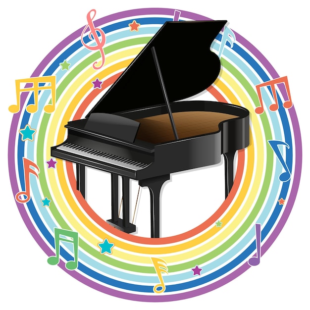 Pianoforte in cornice rotonda arcobaleno con simboli di melodia