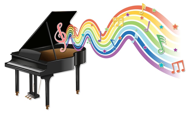 Фортепиано с символами мелодии на радужной волне
