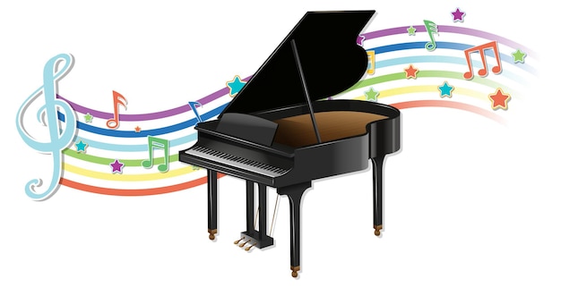 Piano with melody symbols on rainbow wave Free Vector