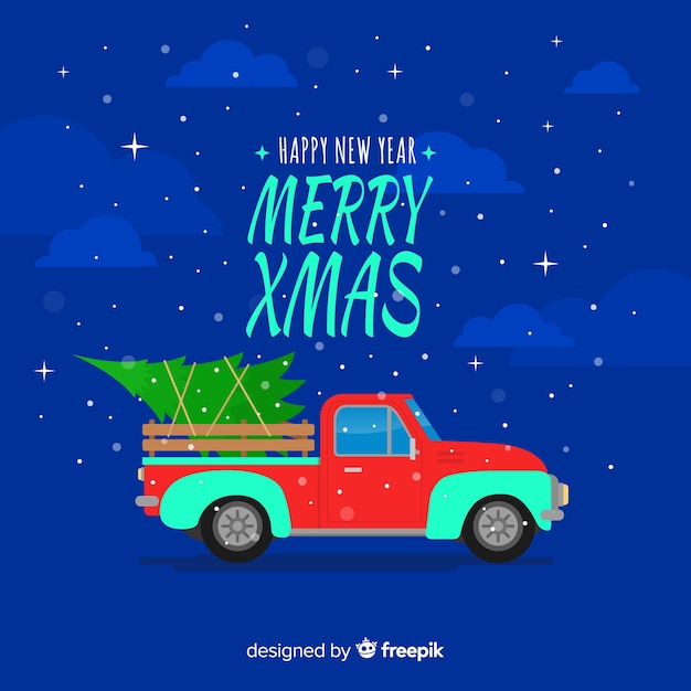 Free vector pick-up truck with christmas tree