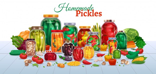 Pickles horizontal composition with lots of glass jars with vegetables text and pieces of ripe fruits  illustration