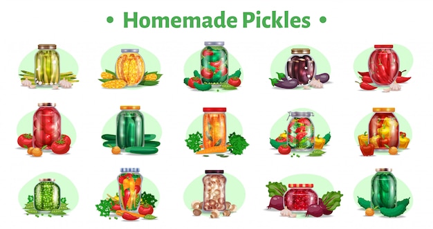 Бесплатное векторное изображение pickles горизонтальный набор из пятнадцати изолированных изображений с маринованными овощами в стеклянных банках со спелыми фруктами иллюстрации