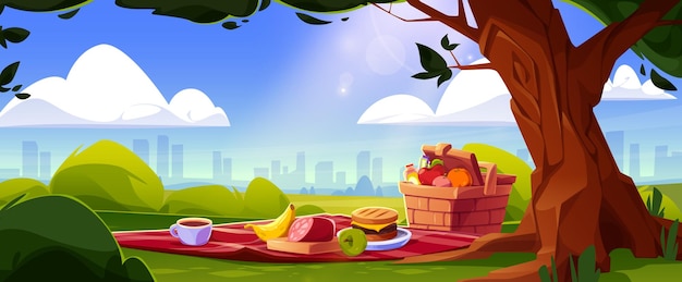 Free vector picnic basket in city park near tree cartoon background outdoor summer party with cheeseburger banana apple sausage and bottle nature sunlight in urban scene with takeaway meal for recreation