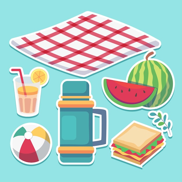 Picnic basket drinks thermos cups plates food sun protect and more vector illustration