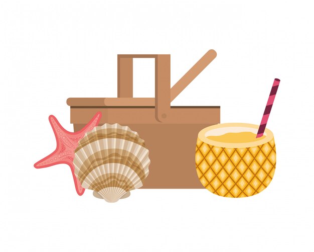 Picnic basket with pineapple cocktail on white 