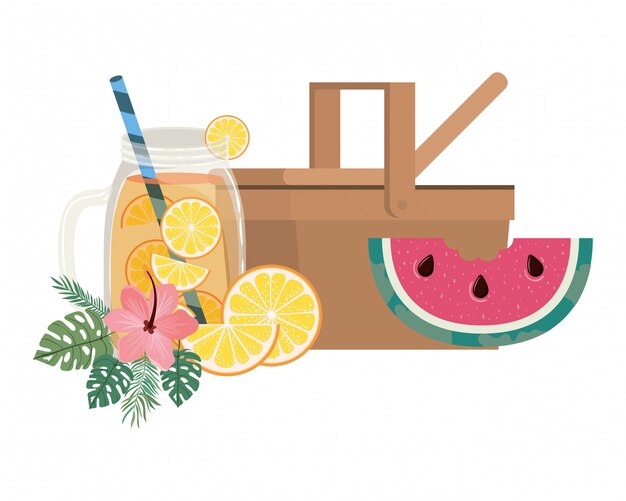 Picnic basket with refreshing drink for summer