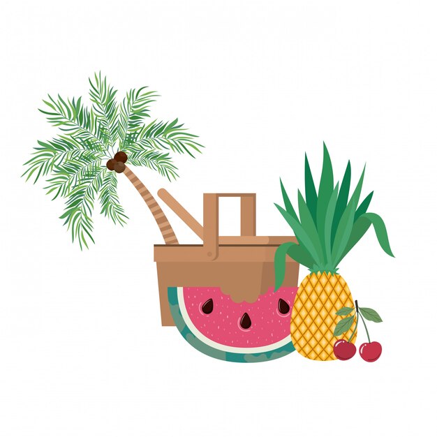 Picnic basket with tropical fruits on white 