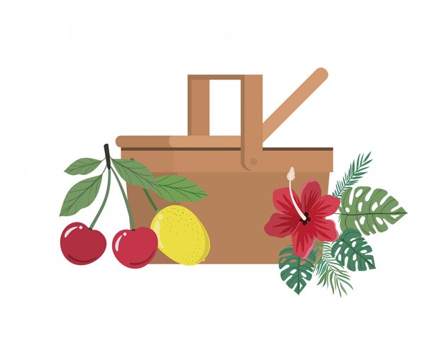 Picnic basket with tropical fruits on white 