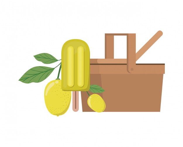 Picnic basket with tropical fruits on white 