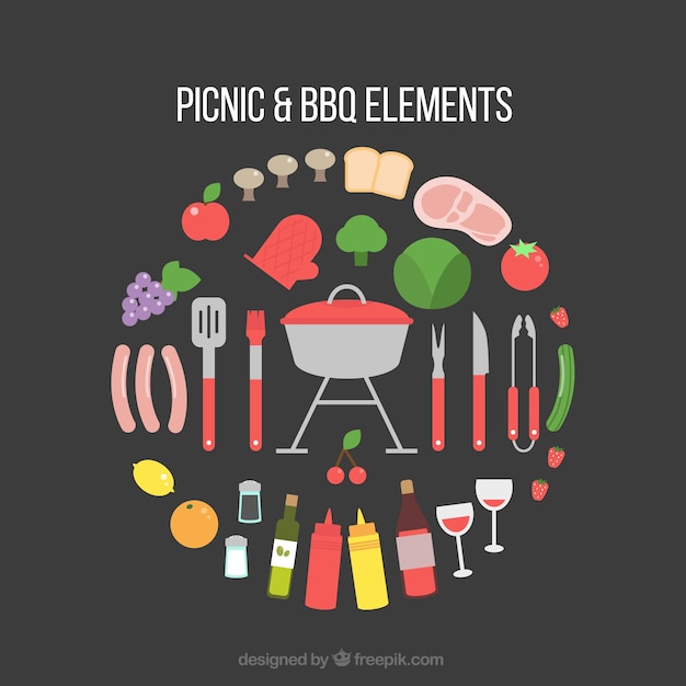 Free vector picnic and bbq equipment in flat design