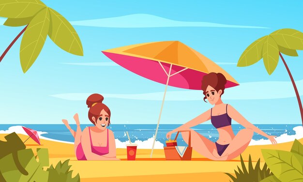 ビーチのベクトル図にカクテルを飲む若い女性とのピクニック漫画のコンセプト
