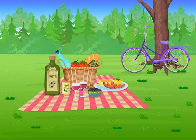 公園の漫画イラストの芝生の上のピクニック食品。オリーブ、ワイン、ソーセージとブランケットのストローバスケット