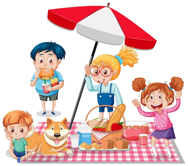 Free vector picnic meal on white back ground with kids and dog