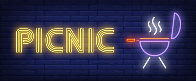 Picnic neon text with barbecue grill