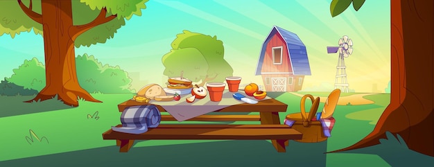 Free vector picnic setup on outdoor table with rural red barn