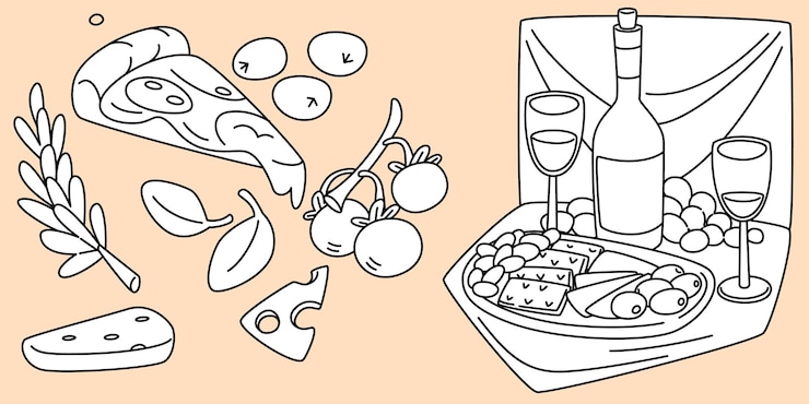 Free Vector picnic sketch with pizza and wine