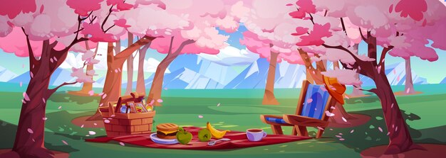 Picnic in spring sakura park cartoon background Pink cherry flower blossom tree above food basket blanket and chair Outdoor public Hanami party in forest with snack fruit and sandwich on mat