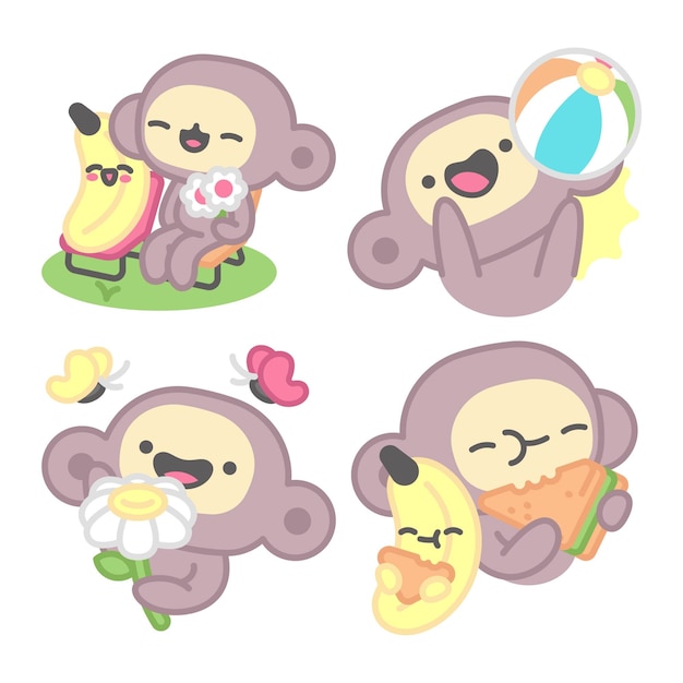 원숭이와 바나나가 있는 피크닉 스티커 컬렉션