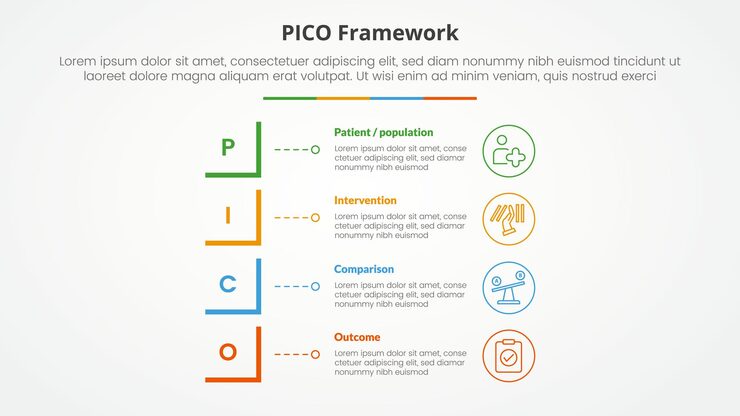 무료 Vector pico 프레임워크 인포그래픽은 슬라이드 프레젠테이션을 위해 수정된 사각형 모양의 수직 스택을 사용하여 평평한 스타일의 4 점 목록을 제공합니다.