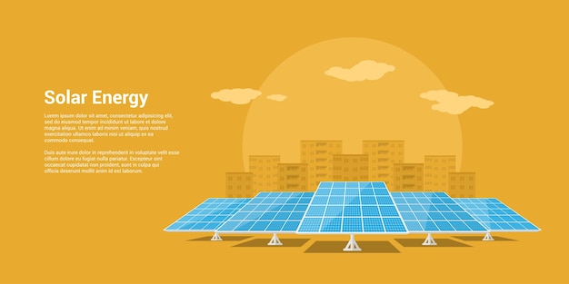 Изображение солнечных батарей с силуэт города горы на фоне, концепция стиля возобновляемых источников солнечной энергии