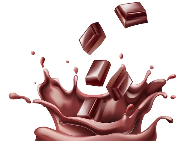 Кусочки шоколада падают в растопленном, изолированном на белом