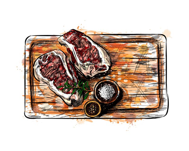 レトロなベクトル肉のイラスト 手描きステーキセット スパイス ハーブ 生の食材 ビンテージスケッチ プレミアムベクター