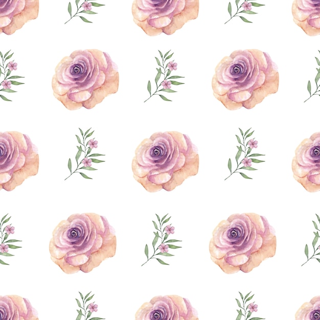 Pieces of pink rose and leaves watercolor on background pattern